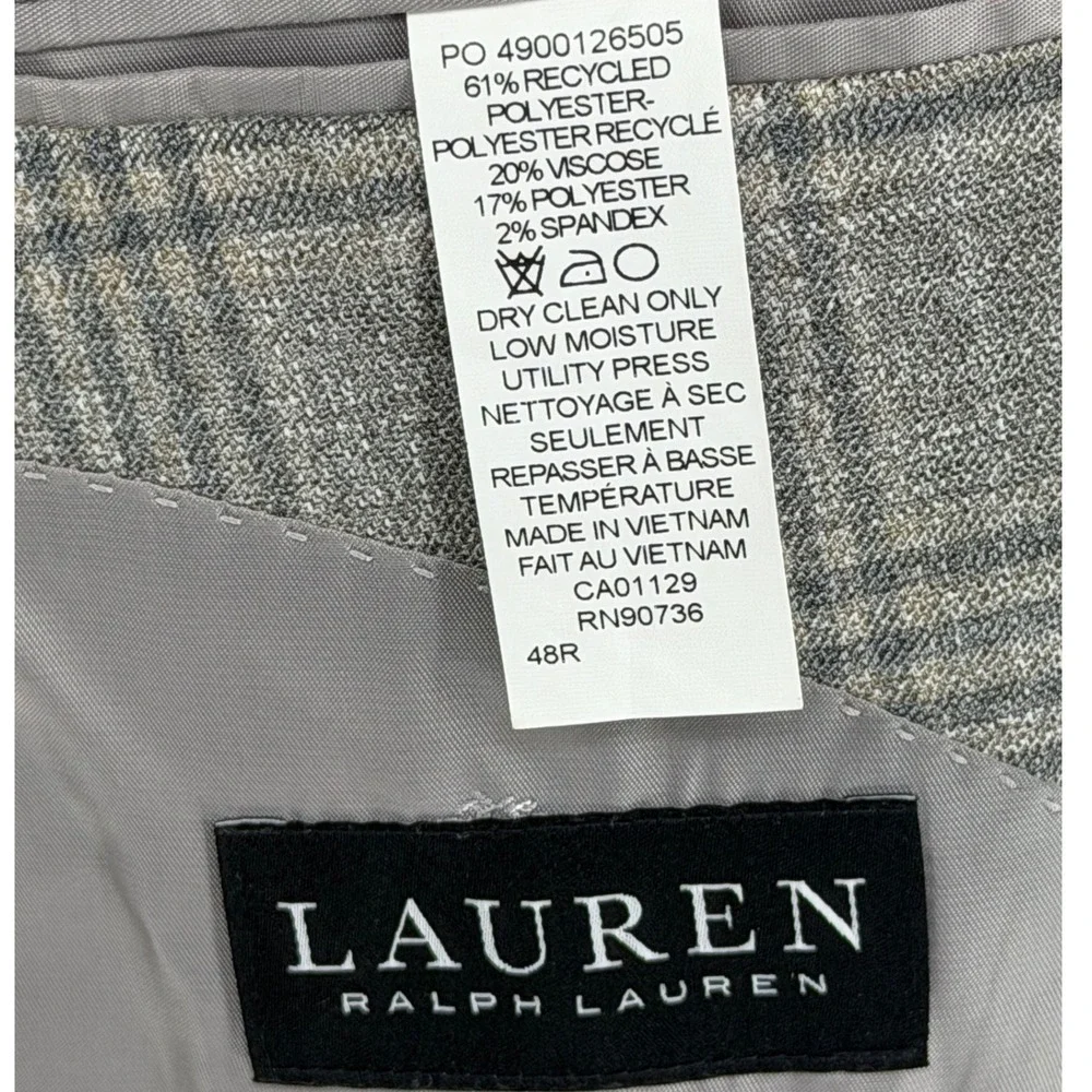 Lauren Ralph Lauren Gray Glen Plaid Blazer Ultra Flex Sport Coat 48R Black Label